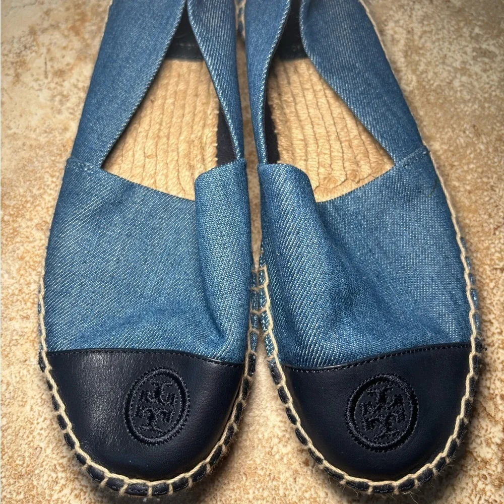 Tory Burch Denim Blue and Black Leather Espadrilles